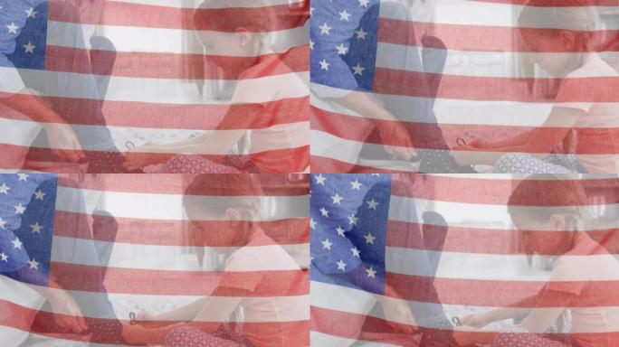 美国国旗动画在白种人女孩系鞋带给她的父亲