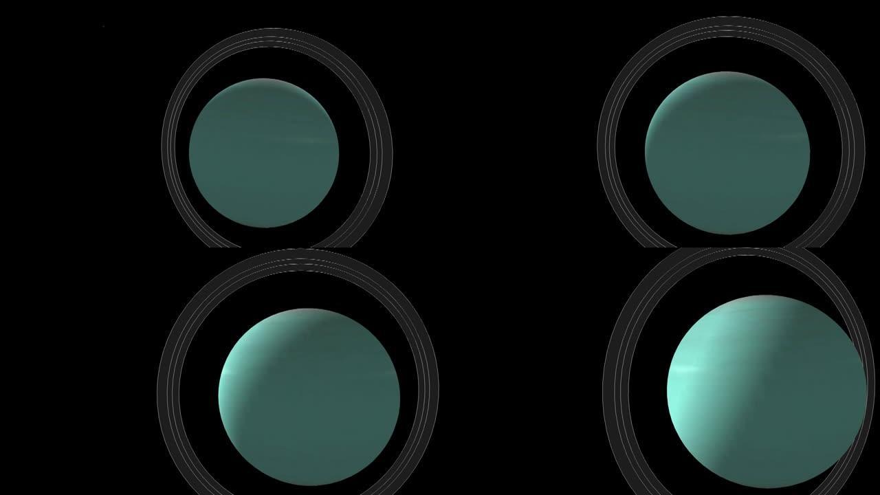 具有外环的大型孤立行星天王星的计算机动画，在空间中旋转。运动图形。