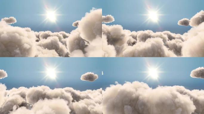 在云层上飞向太阳航拍三维3D动画