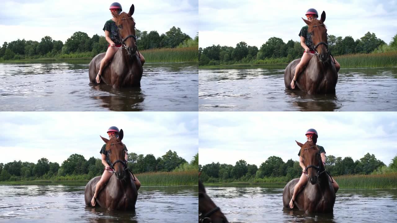 马与女骑手站在湖水中