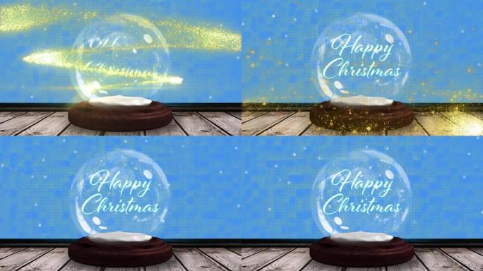 雪球和蓝色背景上的流星的圣诞节问候文本动画