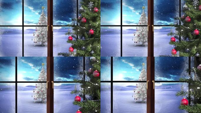 圣诞树和窗户在冬季景观上的动画