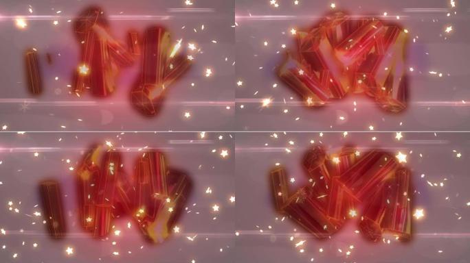 发光的星星掉落在移动的金属金簇和粉红色光上的动画
