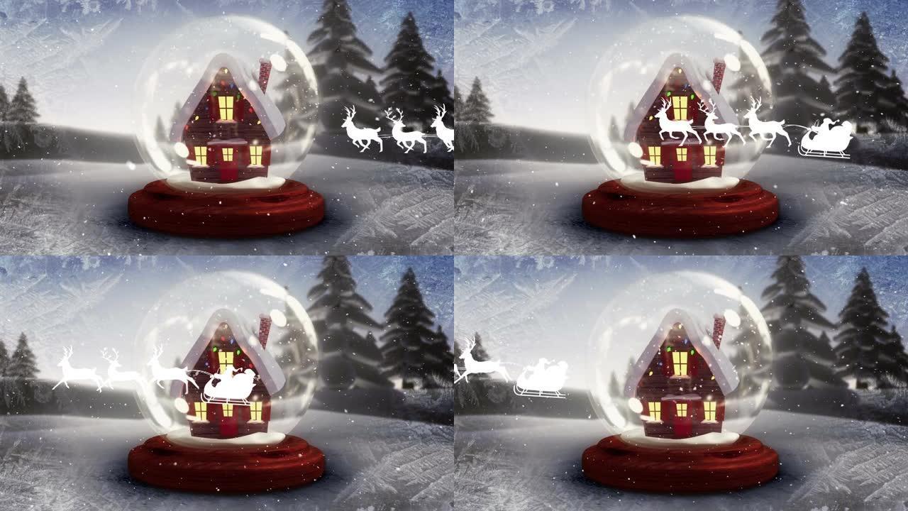 冬天的雪和驯鹿的圣诞老人的动画