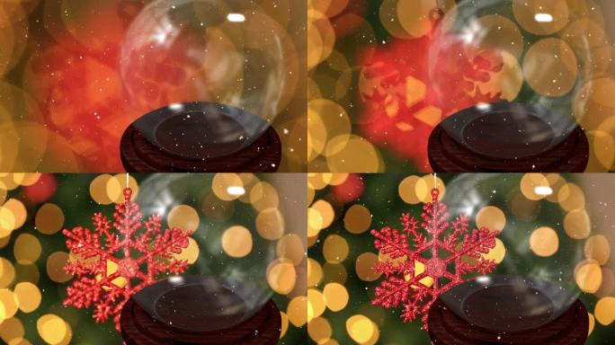 圣诞球和玻璃球在雪花和bokeh上的动画