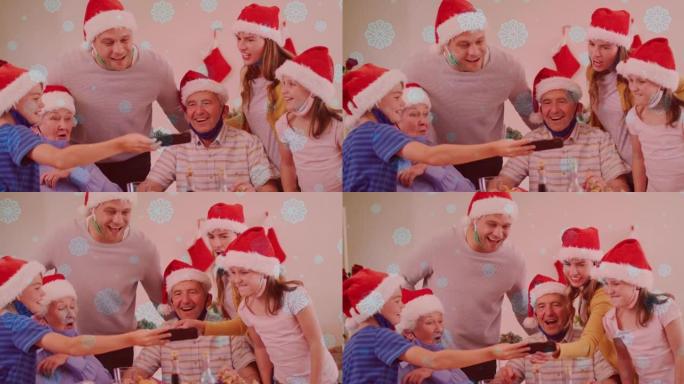 使用智能手机的雪花落在带着圣诞老人帽子的微笑的高加索家庭上的动画