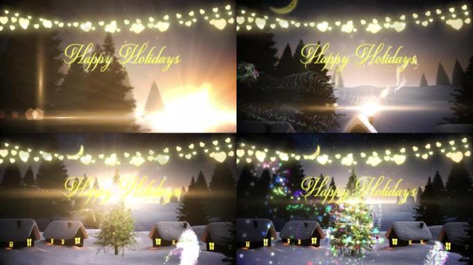冬季景观上的圣诞节问候和灯光动画