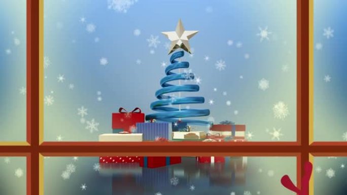 通过窗户看到的圣诞树，礼物和雪花的动画
