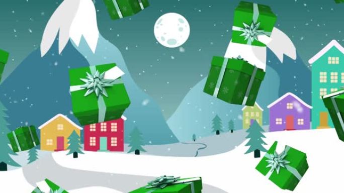 圣诞节冬季风景中的礼物动画