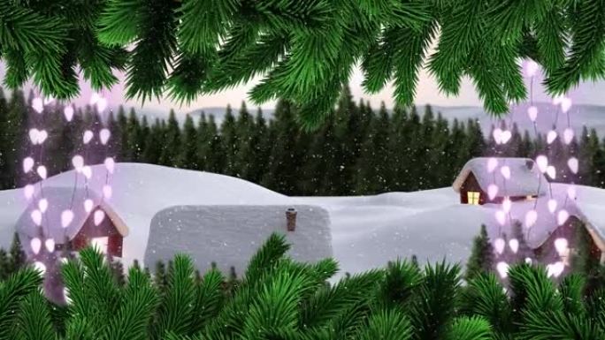 童话灯光动画，枞树装饰，冬天风景下的雪