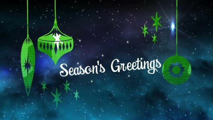 季节问候文本动画，黑色背景上的星星上的圣诞树装饰