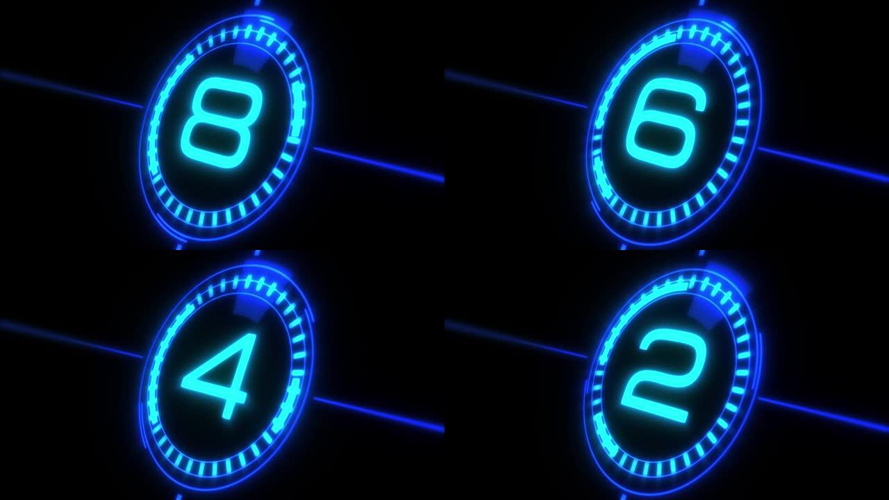 数字霓虹灯明亮发光倒计时定时器从10到0秒隔离在黑色背景4k蓝色霓虹灯10s倒计时。