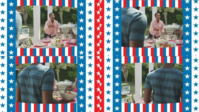 美国国旗向微笑的非洲裔美国家庭挥手的动画