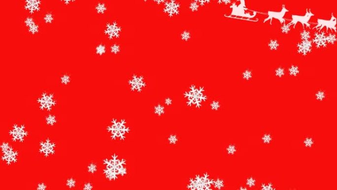 雪花落在雪橇上的圣诞老人上，被驯鹿拉着红色背景