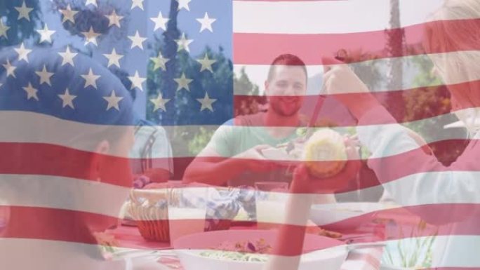 美国国旗动画向微笑的白人家庭挥手