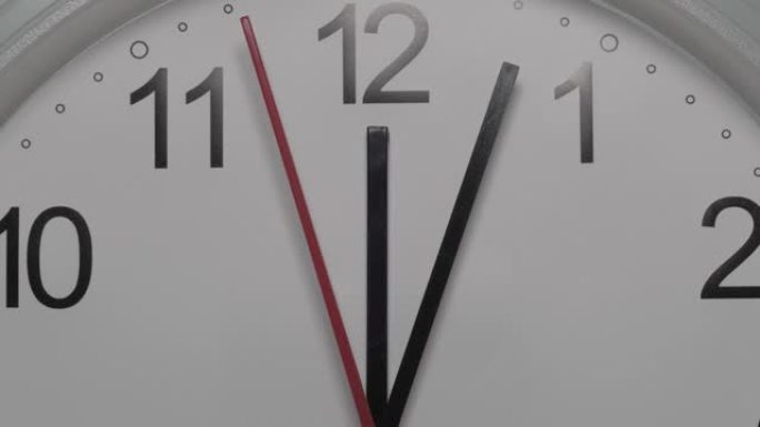 白色钟面的特写镜头暗示着时间的流逝。带有黑色阿拉伯数字的白色圆形时钟