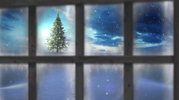 冬季景观上的圣诞树上飘着雪的窗框