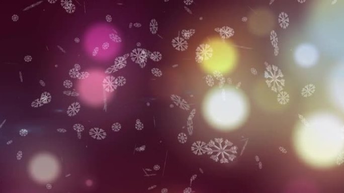 紫色背景上雪花落在彩色光斑上的数字动画