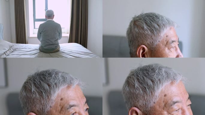 白发老人坐窗边坐床边白发大爷躺床上老父亲