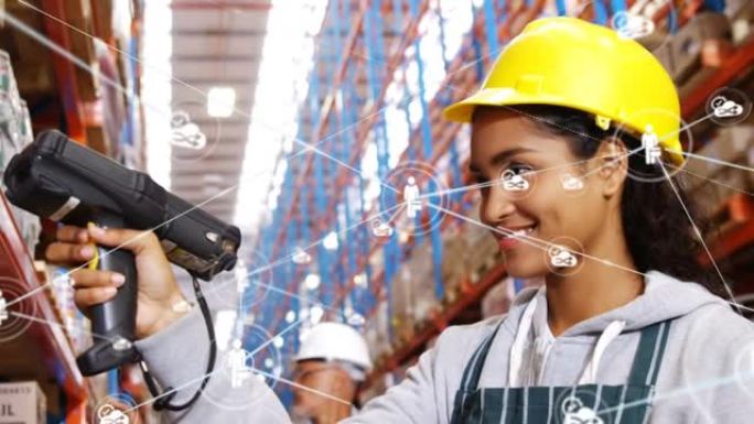 在仓库工作的女人身上带有图标的连接网络动画