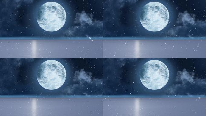 月亮和冬季景观上飘雪的动画