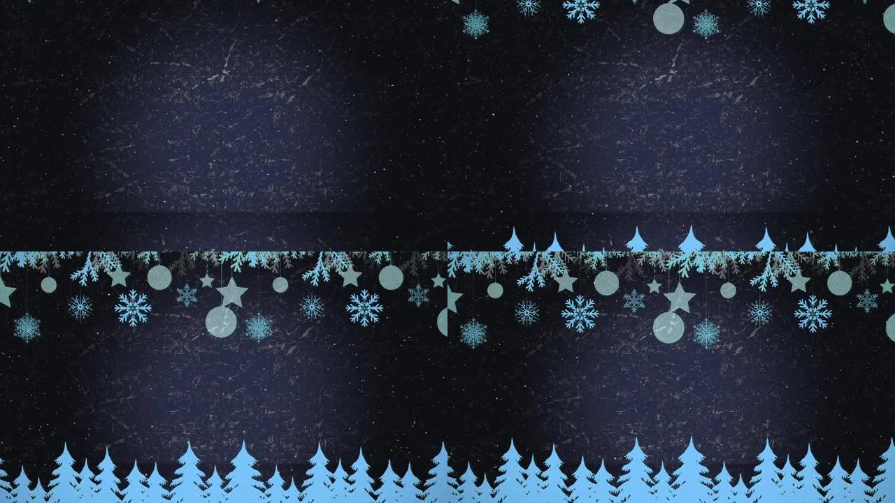 杉树的动画和圣诞节装饰在下雪时