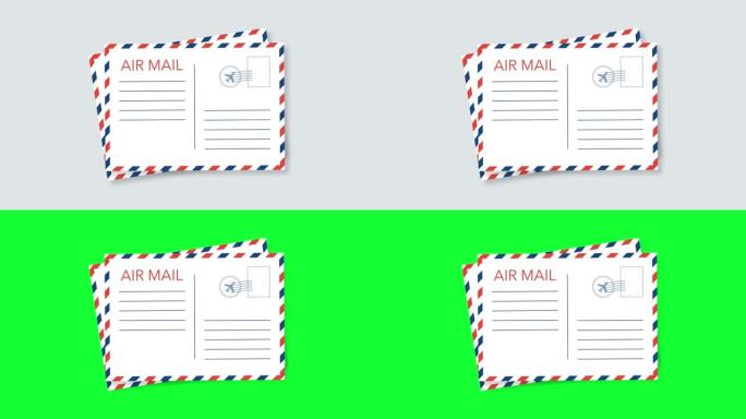 航空邮件信封，邮政邮票隔离在白色背景上。运动图形。