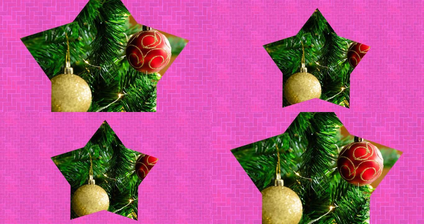 粉红色背景上星形圣诞树上的小玩意视频