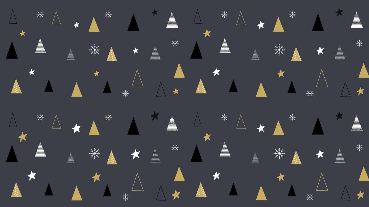 灰色背景下的多个圣诞树和星星图标的数字动画