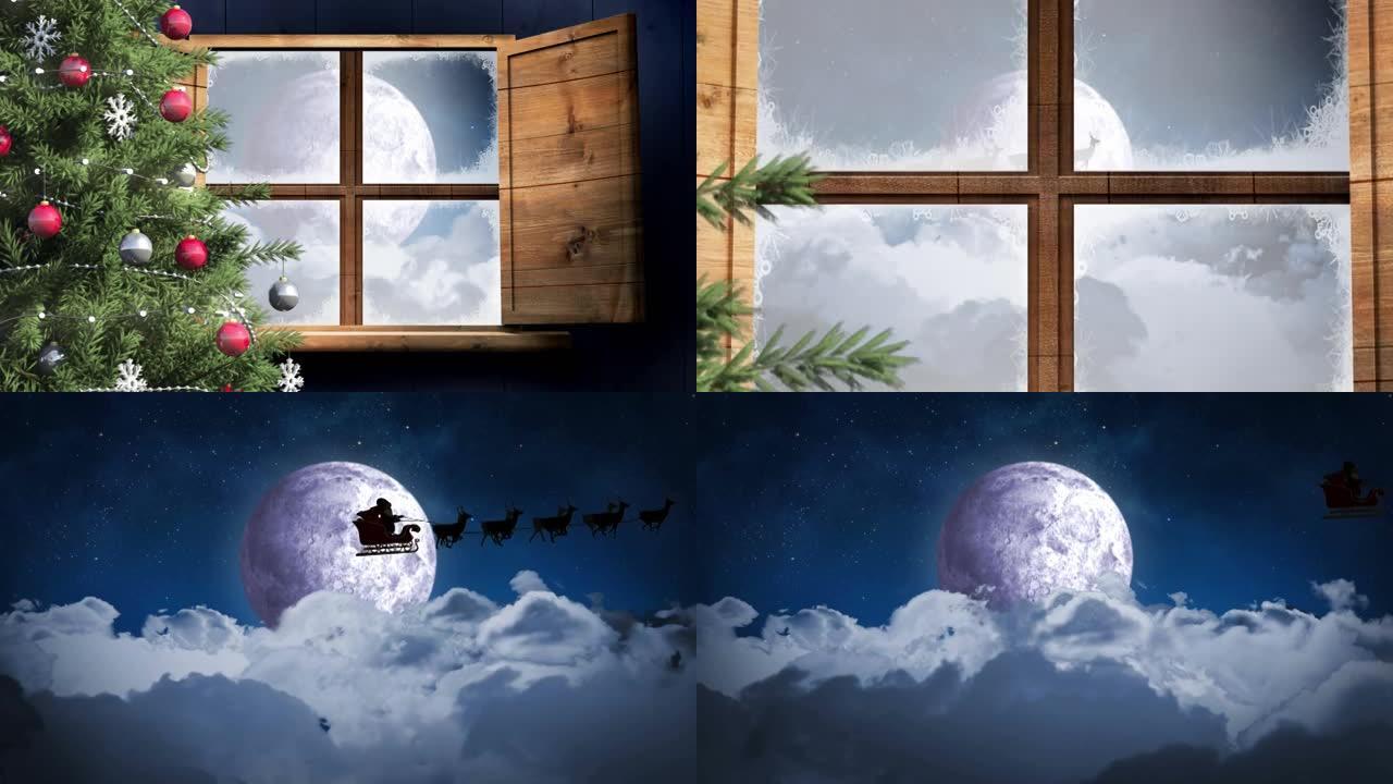 透过窗户看到的冬季景观和圣诞老人雪橇动画