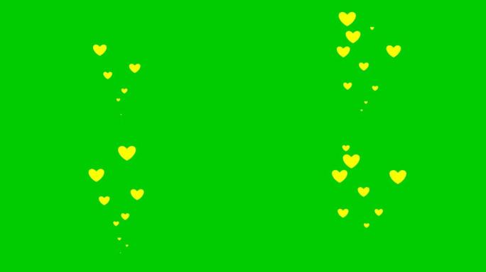 动画黄色的心从下往上飞。爱的概念，激情。绿色背景上孤立的心脏喷泉。