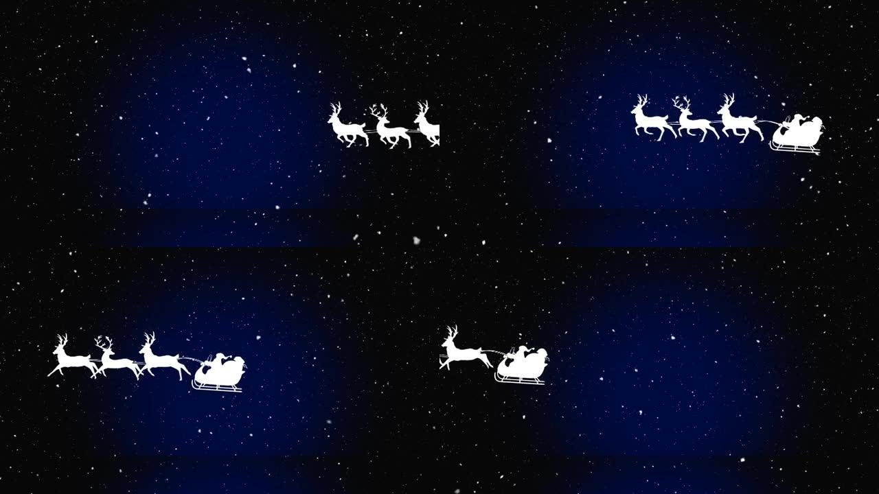 雪落在雪橇上的圣诞老人上，被驯鹿拉在蓝色背景下
