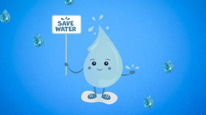 水滴拿着节省水标语牌的动画，蓝色背景上掉落的水滴