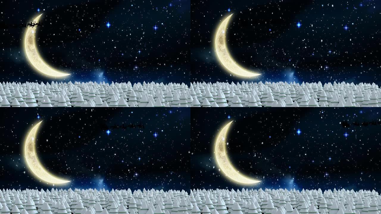 背景为星星和新月的冬季风景下的积雪动画