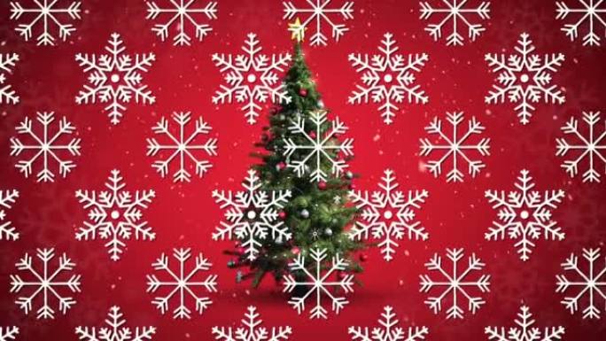 红色背景圣诞树上无缝图案的多个雪花图标