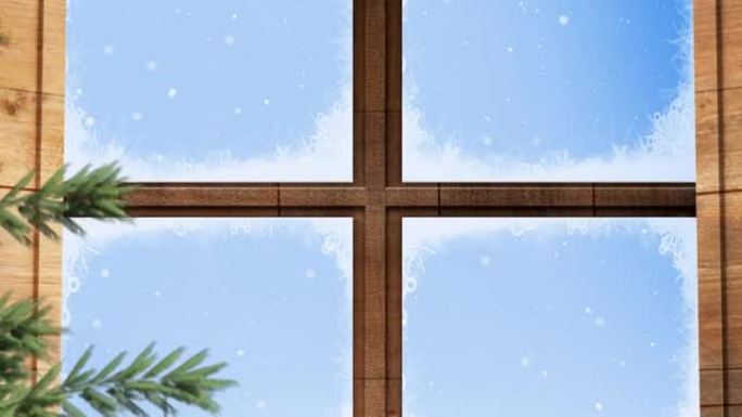 雪花飘落的窗户和圣诞树的动画