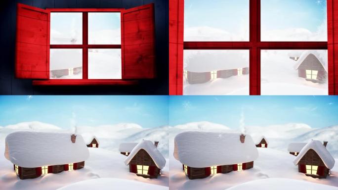 透过窗户看到的冬季景观和房屋的动画
