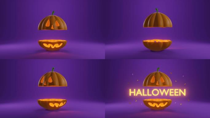 广告创意的3d动画，横幅设计。庆祝派对幽灵万圣节南瓜墓地秋天紫色背景抽象运动图形。4k视频循环。