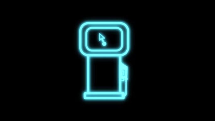蓝色霓虹灯发光的汽油泵或加油站图标。加油站标志和符号隔离在黑色背景上。