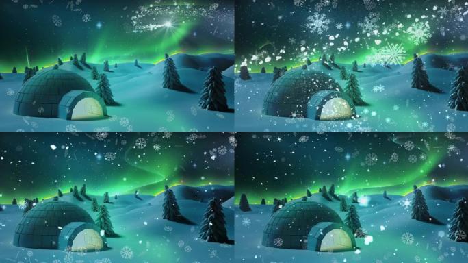 雪落在冰屋上的动画和冬天的风景