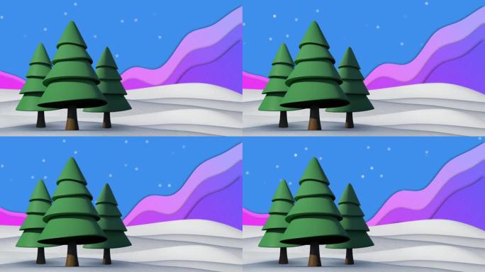 蓝色和紫色形状的动画以及数字冬季景观中的积雪
