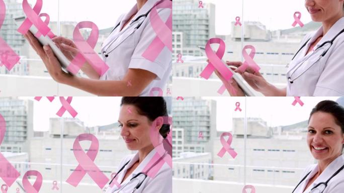 粉红丝带癌症标志的动画漂浮在微笑的女医生使用平板电脑