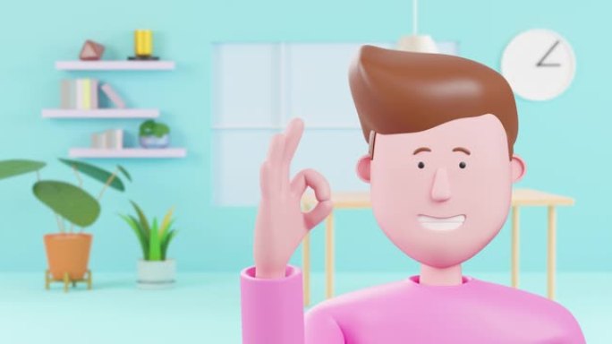 肖像3d动画happy man表现出okey手势和眨眼，表明他很好，在引擎盖上一切都很好