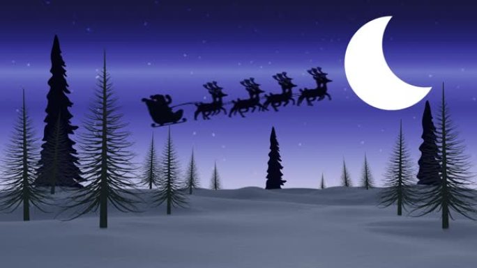 圣诞老人在雪橇上的动画，驯鹿在冬季景观和月亮上移动