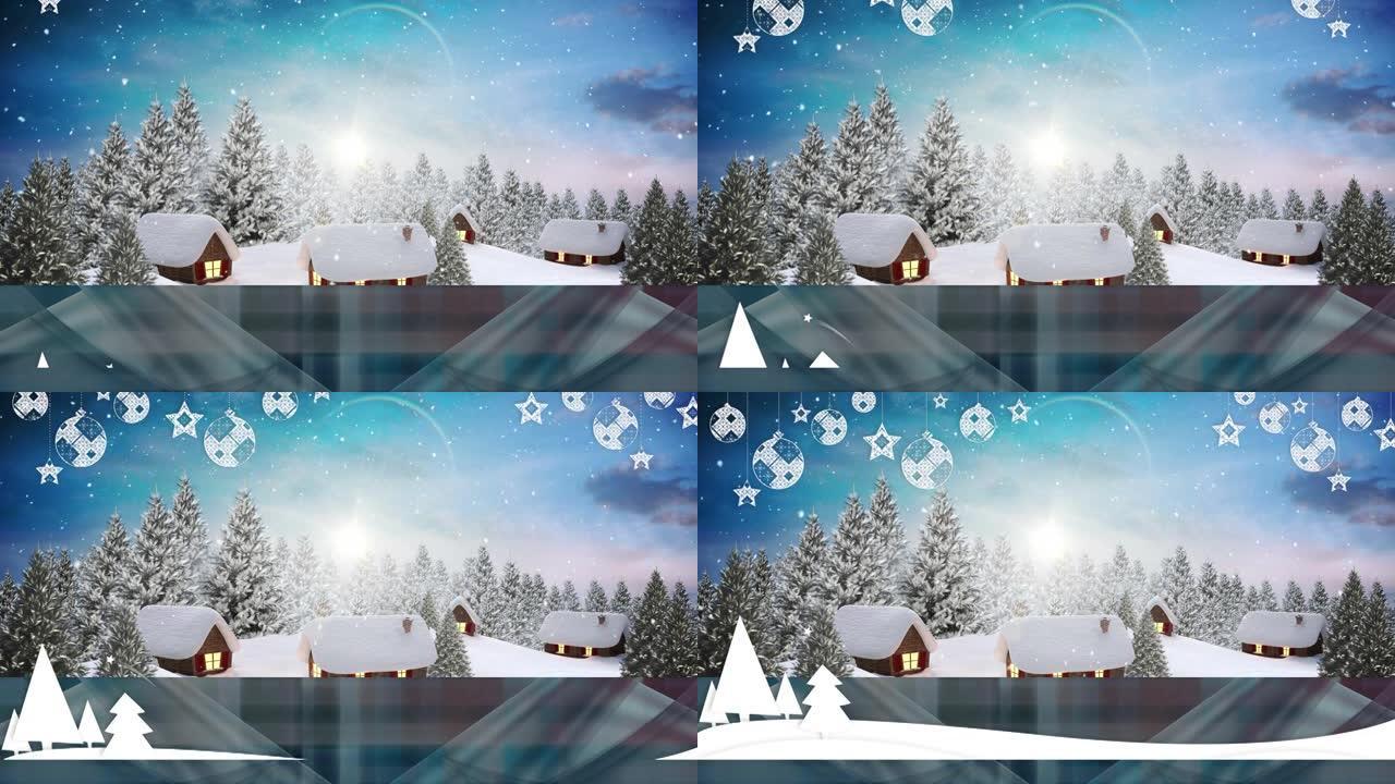 圣诞装饰雪花飘落与冬季风光的动画