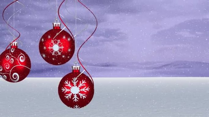 雪花落在红色圣诞节小玩意装饰上的动画