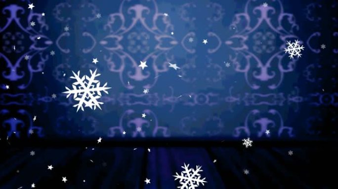 圣诞雪花落在蓝色装饰背景上的动画