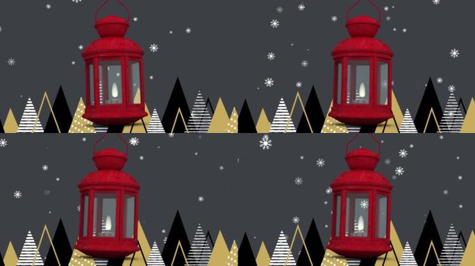 红色圣诞灯和雪花落在灰色背景上的多个圣诞树图标上