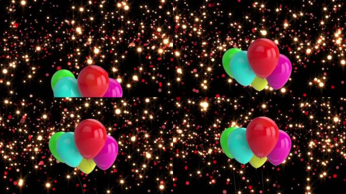 彩色气球在发光的灯光上飞行的动画
