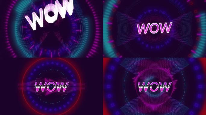 wow文本在黑暗背景上移动的彩色圆圈形状上的动画